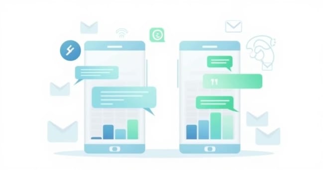 Comparação entre mensagens SMS e WhatsApp em dispositivos móveis mostrando taxas de abertura e ícones dos apps