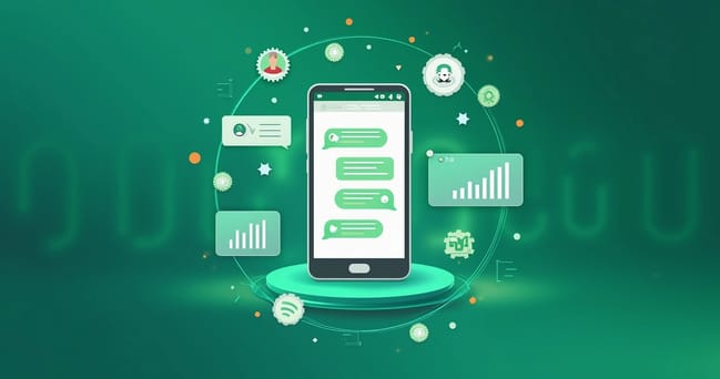 Interface de smartphone exibindo mensagens e notificações interativas do WhatsApp com elementos de automação e gráficos de desempenho ao fundo