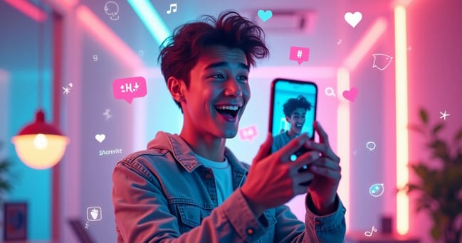 Criador de conteúdo gravando vídeo para TikTok com smartphone em ambiente moderno e colorido