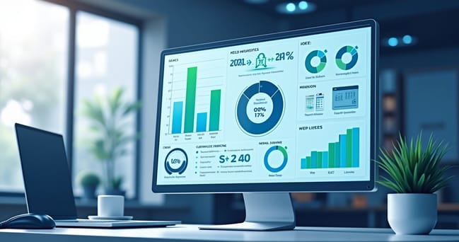 Painel digital exibindo gráficos, indicadores e KPIs de atendimento ao cliente em tela de computador