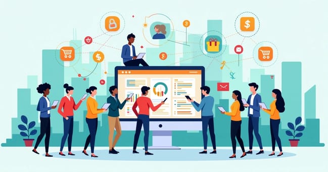Ilustração de um ecossistema digital de revendedores conectados em uma rede de e-commerce