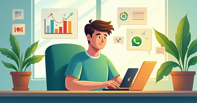 Empresário usando WhatsApp em um escritório moderno, com gráficos de vendas ao fundo.