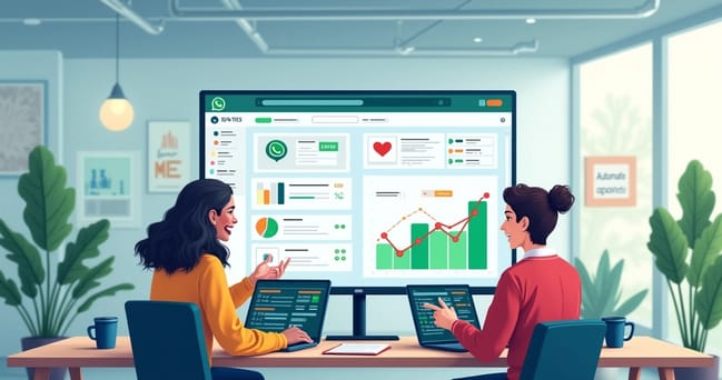 Ilustração de equipe moderna colaborando em um escritório, integrando WhatsApp e sistema CRM para vendas.