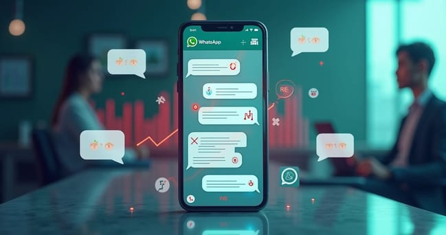 Celular mostrando conversa no WhatsApp e gráficos de vendas caindo ao fundo