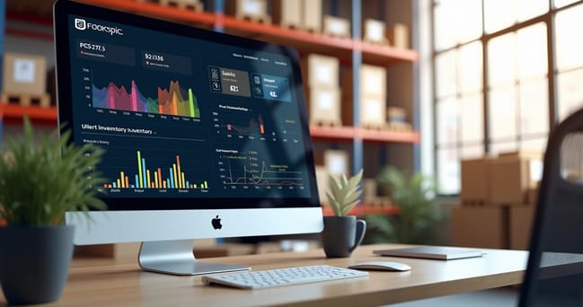Tela de computador mostrando software de gestão de estoque automatizado com gráficos e alertas de estoque baixo