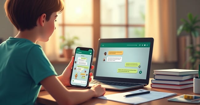 Aluno e professor interagindo via WhatsApp em dispositivo móvel para apoio escolar no EAD