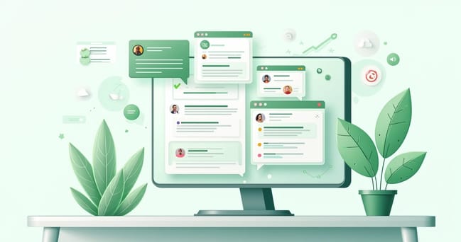 Interface moderna de ferramenta de transmissão do WhatsApp exibida em tela de computador com gráficos e ícones de mensagens automatizadas