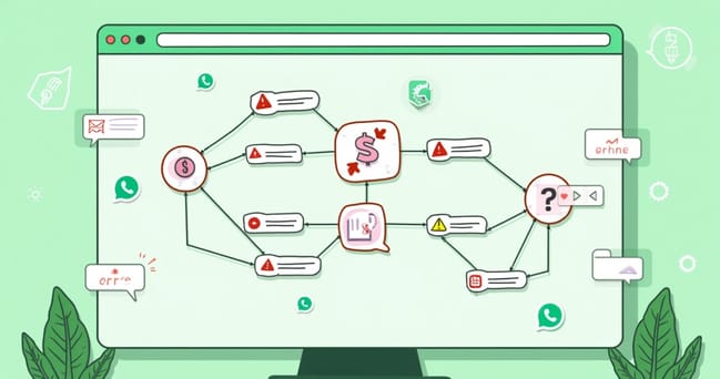 Tela de computador mostrando um fluxo de automação do WhatsApp com erros destacados em vermelho e avisos de alerta ao redor