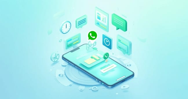 Interface de smartphone mostrando fluxos automatizados de atendimento via WhatsApp com elementos gráficos de chatbot e notificações