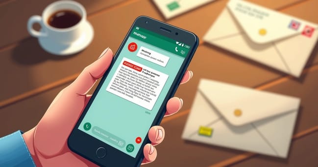 Mão segurando um celular com mensagem suspeita de golpe dos Correios na tela, fundo desfocado com envelopes e um selo postal