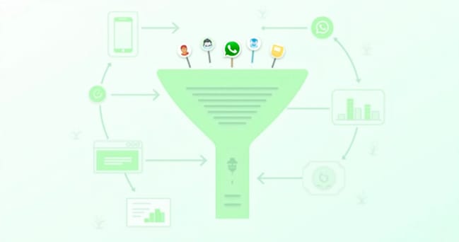 Ilustração de funil de geração de leads com ícones do WhatsApp, etapas de venda, e elementos digitais coloridos