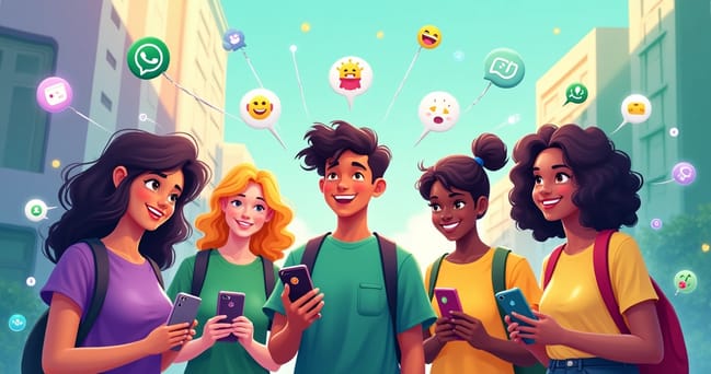 Jovens usando smartphones com interface do WhatsApp visível, em cenário urbano e colorido, com ícones de mensagens, emojis e elementos digitais ao redor