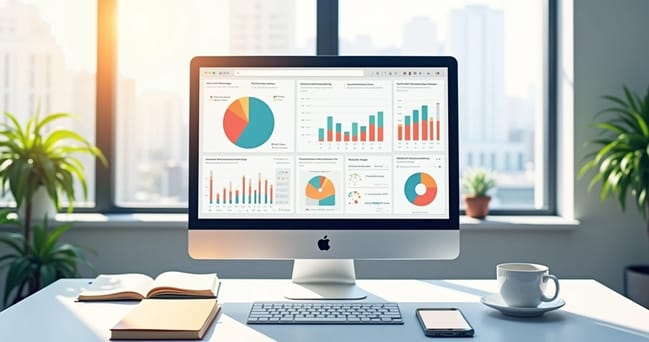 Mesa de escritório com organização digital de leads e gráficos de produtividade na tela de computador