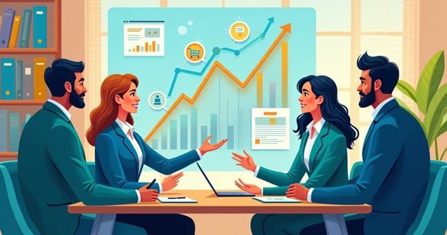 Ilustração de profissionais analisando gráficos e dados em tela digital para melhorar pós-venda e retenção de clientes