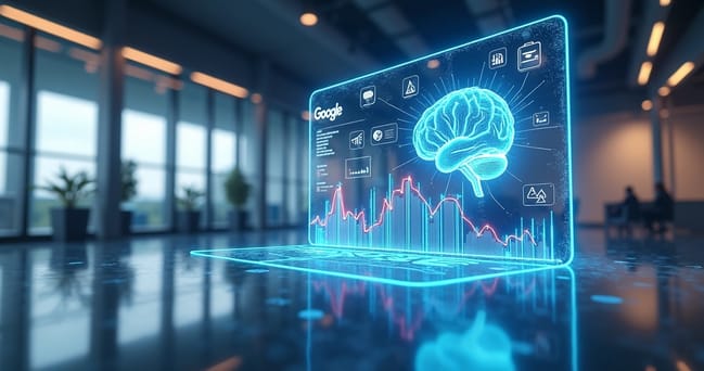 Interface futurista do Google com ícones de inteligência artificial e gráficos de SEO em destaque