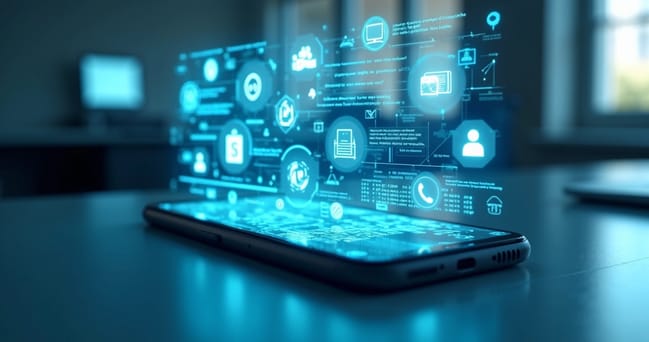 Tela de smartphone mostrando um grupo de WhatsApp automatizado com mensagens em texto, áudio e vídeo, em ambiente digital moderno com gráficos e ícones de automação ao fundo