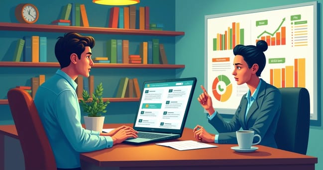 Ilustração de um escritório com um vendedor conversando no WhatsApp e gráficos de vendas ao fundo.