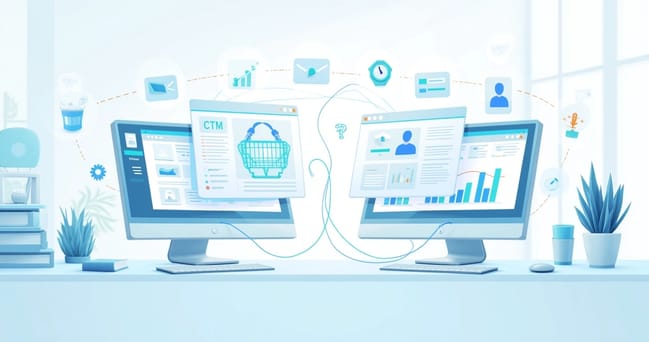 Computador com telas mostrando gráficos de vendas e integração entre e-commerce e CRM