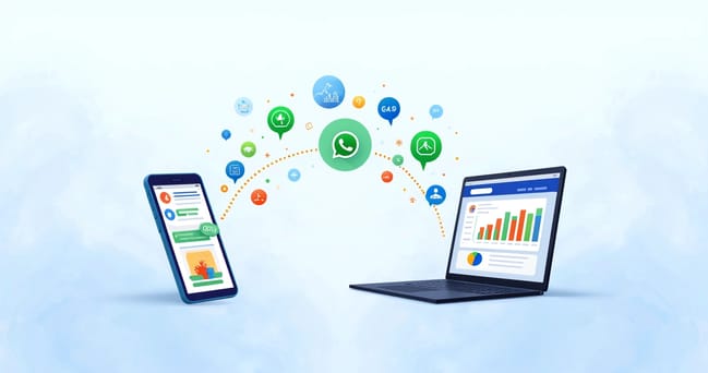 Interface gráfica mostrando integrações entre WhatsApp e Facebook Ads com ícones de mensagens, leads e gráficos de crescimento