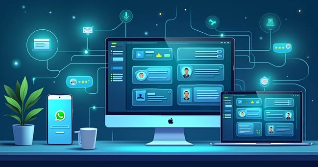 Ilustração de integração omnichannel com WhatsApp em diferentes dispositivos conectados