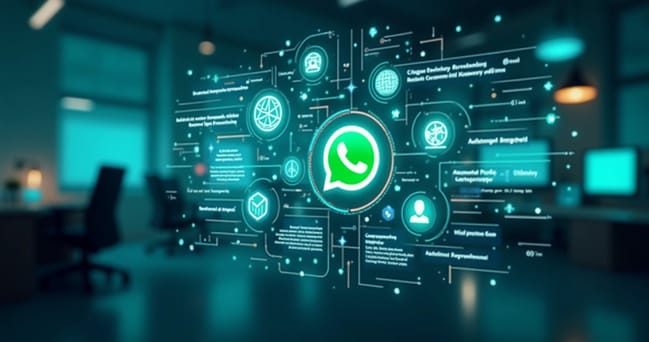 Interface digital com gráficos de análise de dados e ícones do WhatsApp conectando pessoas e automatização