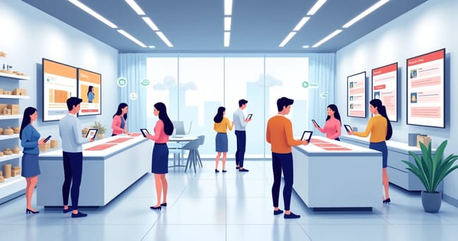 Loja flagship moderna com clientes interagindo em dispositivos móveis, displays digitais e áreas de atendimento integradas