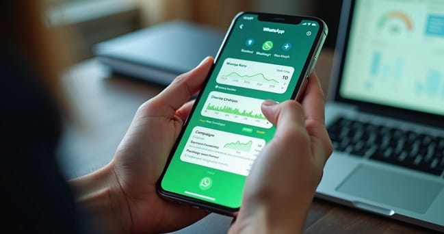 Pessoa usando celular com gráficos de engajamento e notificações do WhatsApp na tela