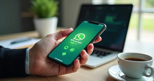 Pessoa segurando smartphone com tela do WhatsApp aberta mostrando uma mensagem de áudio sendo enviada