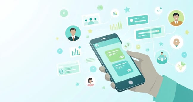 Pessoa enviando mensagem no WhatsApp em um celular com notificações de conversa abertas e ícones de marketing digital ao redor