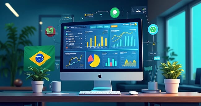 Tela de computador exibindo gráficos e métricas de vendas de e-commerce com ícones do Brasil e elementos digitais coloridos