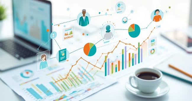 Gráfico digital colorido mostrando métricas de fidelização de clientes com ícones de clientes e gráficos de barras e linhas