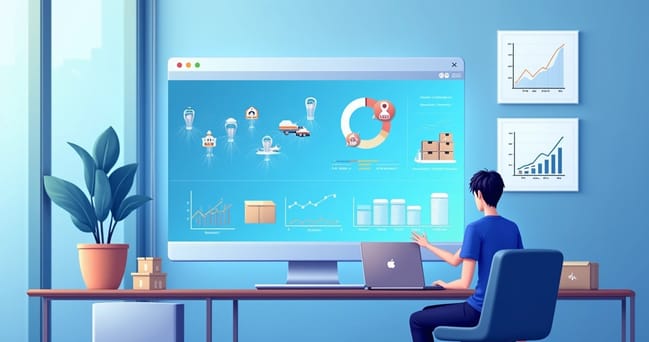 Dashboard digital mostrando gráficos e indicadores de logística em e-commerce com elementos visuais de entregas e caixas