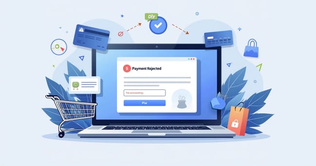 Tela de computador exibindo notificação de pagamento rejeitado em um site de e-commerce com ícones de carrinho e cartão de crédito