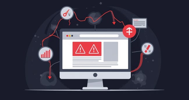 Tela de computador mostrando website com alerta de conteúdo de baixa qualidade e gráficas de penalização do Google