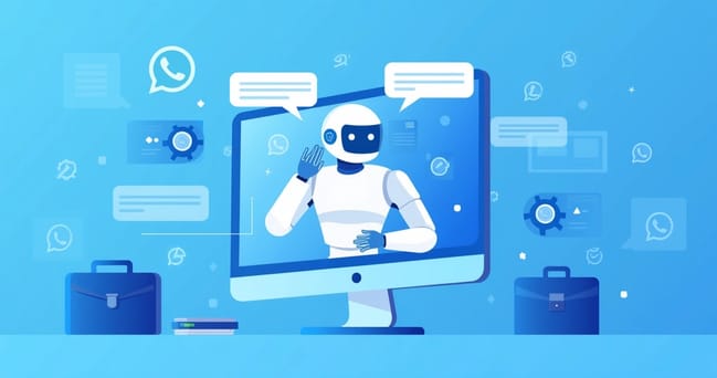 Ilustração de uma interface digital mostrando um chatbot interagindo no WhatsApp com mensagens de texto e ícones de automação ao redor