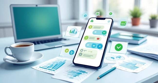 Smartphone mostrando interface de WhatsApp com ícones de priorização e gráficos de conversão ao fundo
