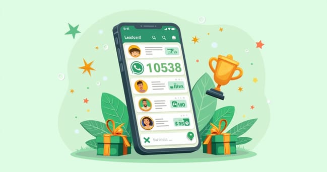 Ilustração de um smartphone mostrando uma tela do WhatsApp com elementos gamificados como medalhas, pontos e um ranking colorido