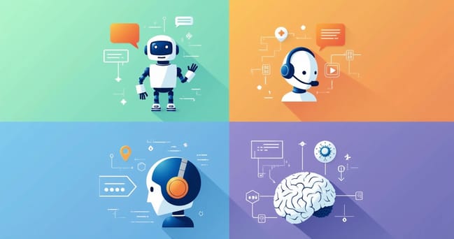 Ilustração colorida mostrando quatro tipos de agentes de inteligência artificial em quadrantes distintos, com ícones representando chatbot, assistente virtual, agente reativo e agente baseado em conhe