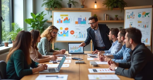 Mesa de reunião com equipe analisando gráficos de marketing e identidade visual da marca