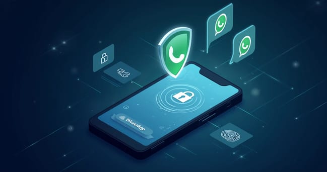 Interface de WhatsApp com cadeado de segurança e símbolo de autenticação em duas etapas