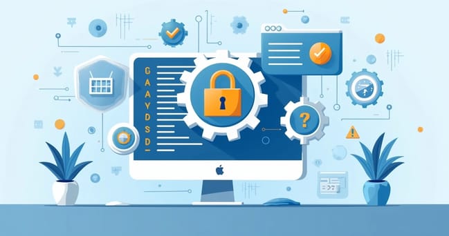Ilustração de tela de computador mostrando software aberto com ícones de cadeado aberto e engrenagens