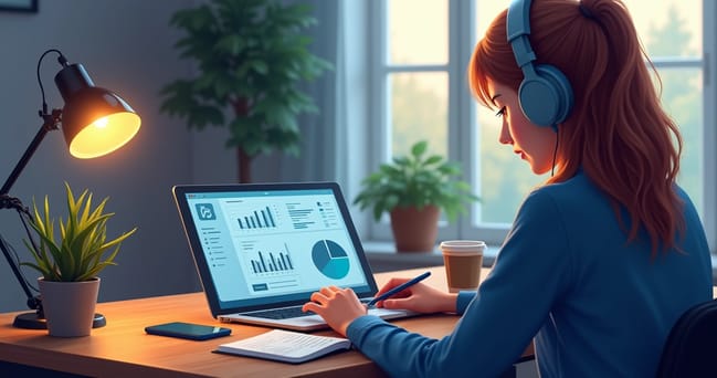 Pessoa trabalhando em home office com laptop, fones de ouvido, anotações e café no ambiente iluminado