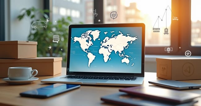 Mesa com laptop aberto mostrando gráfico de vendas globais, mapas mundiais e pacotes de envio ao redor