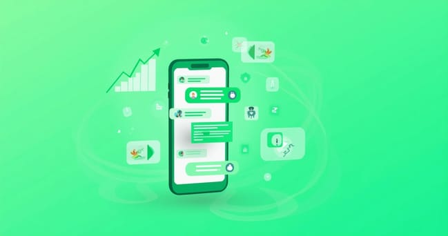 Interface do WhatsApp com mensagens interativas e gráficos de engajamento em fundo verde