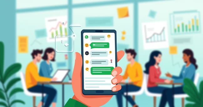 Ilustração de smartphone com WhatsApp interativo em ambiente de escritório colorido e colaborativo.