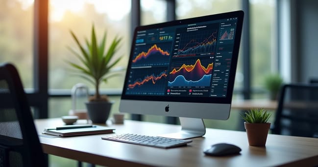 Computador com tela mostrando gráficos detalhados e análise de SEO avançada