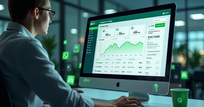 Tela de computador mostrando interface da API WhatsApp com gráficos de cobrança por mensagem e ícones de mensagens de modelo