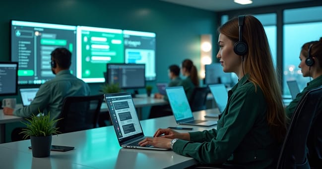 Diversos atendentes trabalhando com múltiplos dispositivos em um ambiente moderno de suporte via WhatsApp