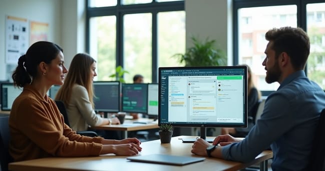 Equipe de atendimento trabalhando com computadores, exibindo telas com gráficos e mensagens de WhatsApp automatizadas