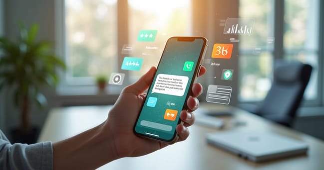 Assistente digital enviando pesquisa de satisfação automatizada pelo WhatsApp em smartphone moderno